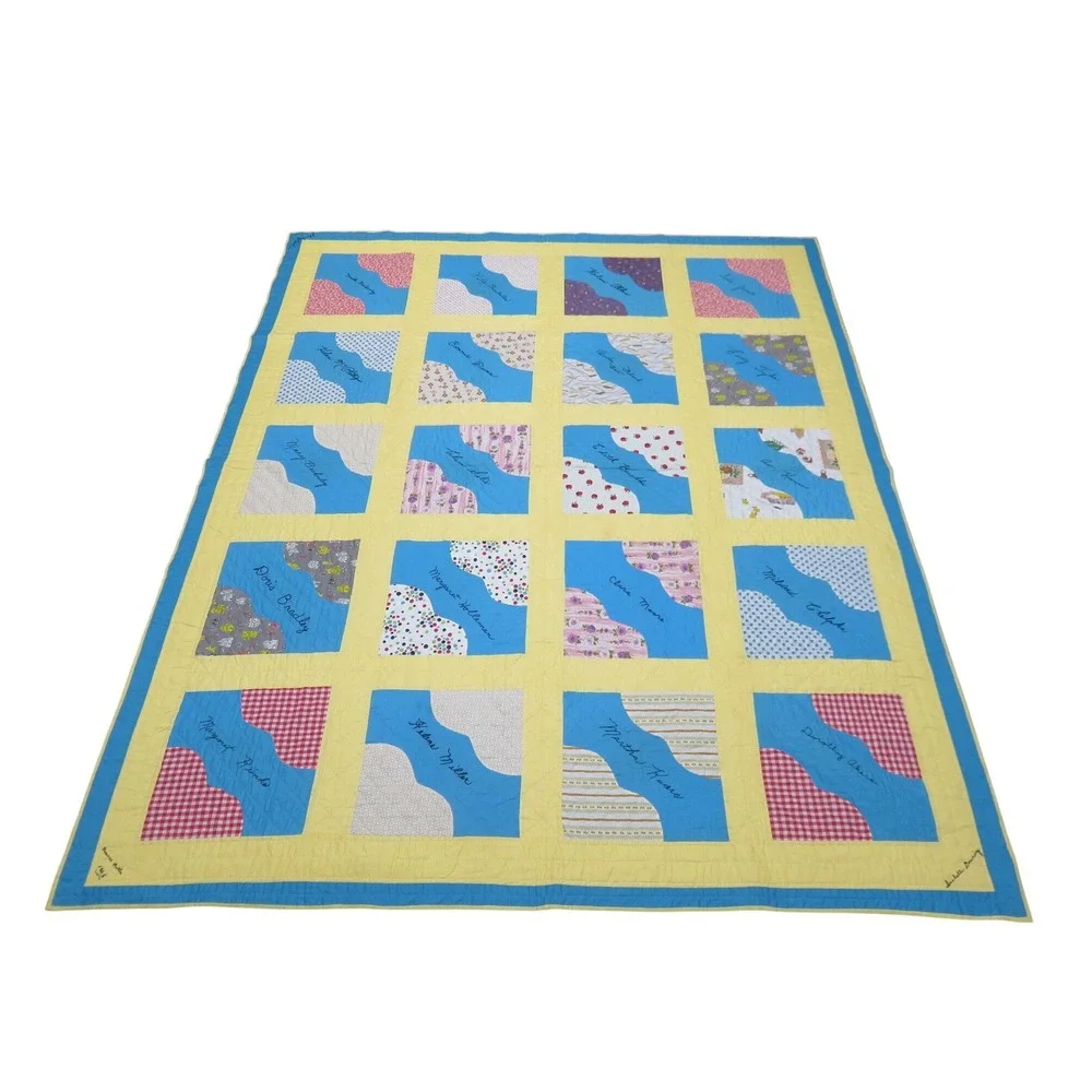 Vintage 1965 Handmade Friendship‎ Quilt Embroidered Signed Patchwork Blue Yellow